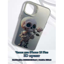 Чехол для iPhone 15 Plus с 3D принтом Скелетик с розой, накладка силиконовая, рамка белая