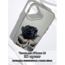 Чехол для iPhone 16 с 3D принтом Черная роза, накладка силиконовая, рамка белая