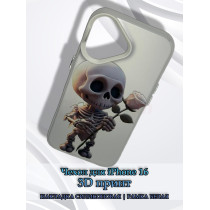 Чехол для iPhone 16 с 3D принтом Скелетик с розой, накладка силиконовая, рамка белая