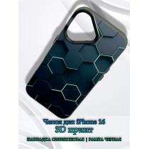 Чехол для iPhone 16 с 3D принтом Соты с перепадом темно-синего цвета, накладка силиконовая, рамка черная