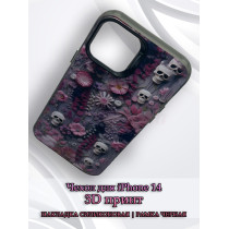 Чехол для iPhone 14 с 3D принтом Черепки на фоне цветов, накладка силиконовая, рамка черная