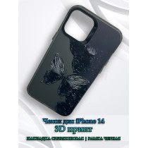 Чехол для iPhone 14 с 3D принтом Черная бабочка, накладка силиконовая, рамка черная