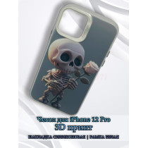 Чехол для iPhone 12 Pro с 3D принтом Скелетик с розой, накладка силиконовая, рамка белая