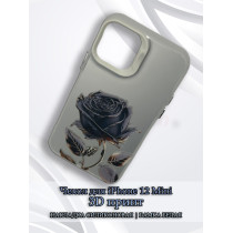 Чехол для iPhone 12 Mini с 3D принтом Черная роза, накладка силиконовая, рамка белая