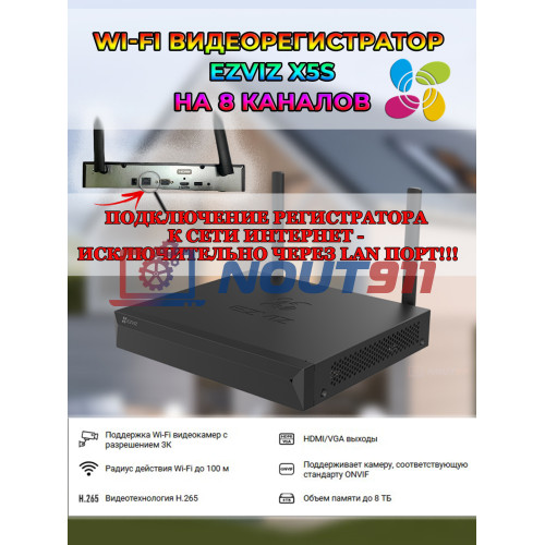 Wi-Fi видеорегистратор Ezviz X5S 8 каналов 3K до 2592*1944/30 Гц (CS-X5S-8W) 2.4G, H.265, черный
