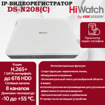 IP Видеорегистратор HiWatch DS-N208(С) 8 IP камер 4МП, 1920х1080, 25к/с на канал, H.265+, белый