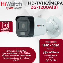 Камера видеонаблюдения HiWatch DS-T200A(B) (2,8 мм), уличная, 2МП, 1920x1080, 103гр, IP66, микрофон