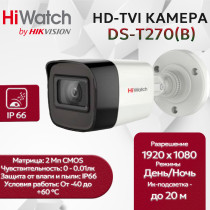 Камера видеонаблюдения HiWatch DS-T270(B) (2,8 мм) уличная 2МП 1920x1080 103гр, IP66, черно-белая