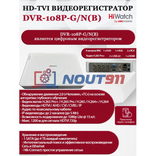 Цифровой гибридный видеорегистратор HiWatch DVR-108P-G/N(B) 6 в 1 HD-TVI, AHD, CVI, CVBS, IP - 8 каналов 2МП + 2 IP камеры, 1920х1080, 25к/с, H.265 Pro+, AoC, белый
