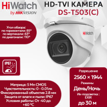 Камера видеонаблюдения HD-TVI HiWatch DS-T503(C) (2.8 mm), (переключаемые TVI/AHD/CVI/CVBS), купольная, 5МП, 2560x1944, EXIR-подсветка, IP67, белая