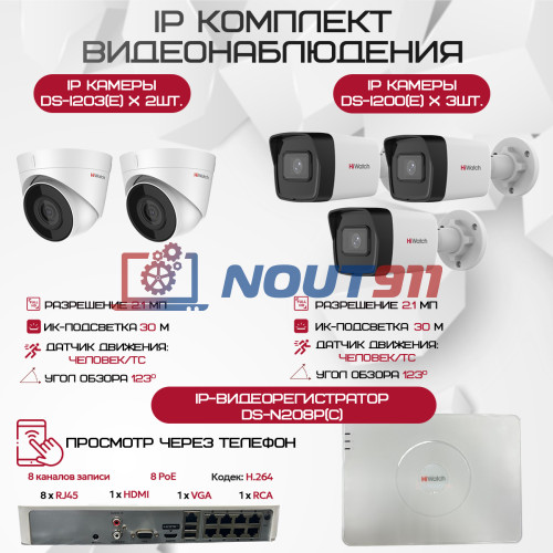 Комплект видеонаблюдения HiWatch на 5 IP камер - 2.1Мп 1080P (DS-N208P(C) + 3xDS-I200(E) + 2xDS-I203(E))