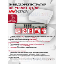 IP Видеорегистратор Hikvision DS-7108NI-Q1/8P(D) 8 IP камер 4МП 2560x1440 25к/с на канал 8 PoE портов H.265+ белый