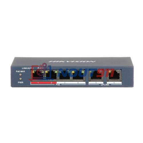 Коммутатор PoE HIKVISION DS-3E0106P-E/M, 4 PoE+ порта 10/100 Мбит/с, 2 Uplink порт 100 Мбит/с, 35Вт