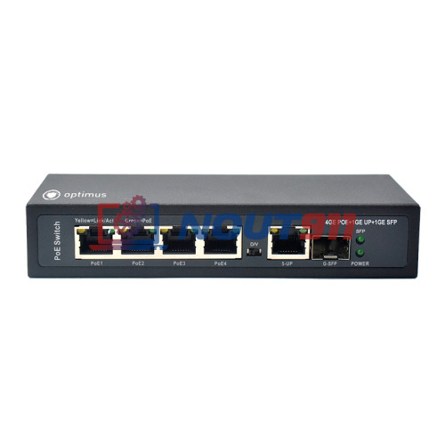 Коммутатор Optimus PoE U1E-4G/1G/1S, 4 PoE+ порта 10/100 Мбит/с, 2 Uplink порта 100 Мбит/с, RJ-45, SFP, 65Вт