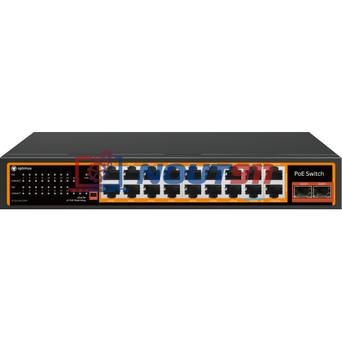 Коммутатор PoE Optimus U1I-16G2b/2G/2S, 14 PoE+ порта 10/100/1000 Мбит/с, 2 PoE++ порт 10/100/1000 Мбит/с, 4 Uplink порт 10/100/1000 Мбит/с, RJ-45, SFP, 240Вт