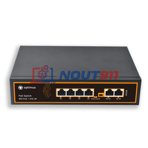 Коммутатор PoE Optimus U1E-4F/2F (12-24V), 4 PoE+ порта 10/100 Мбит/с, 2 Uplink порт 100 Мбит/с, RJ-45, 100Вт
