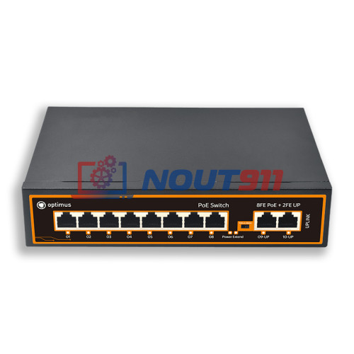Коммутатор PoE Optimus U1E-8F/2F (12-24V), 8 PoE+ порта 10/100 Мбит/с, 2 Uplink порт 100 Мбит/с, RJ-45, 120Вт