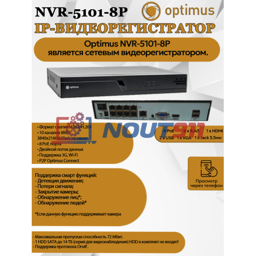 IP-видеорегистратор Optimus NVR-5101-8P 10 IP камеры 8МП + 8 PoE 3840х2160 25к/с на канал H.265 черный